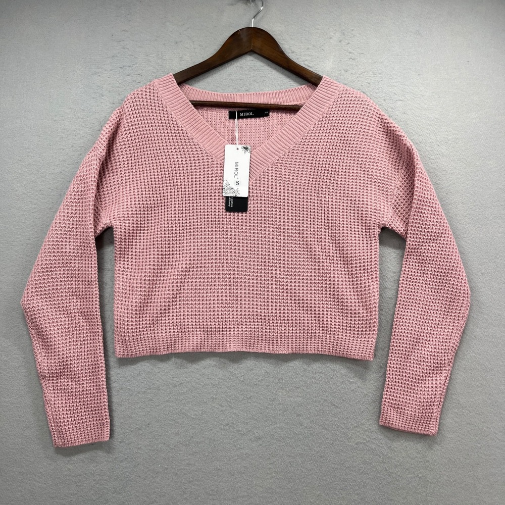 MIROL Sweater Womens S Pink Waffle Knit V-Neck Cropped Long Sleeve Boho Casual